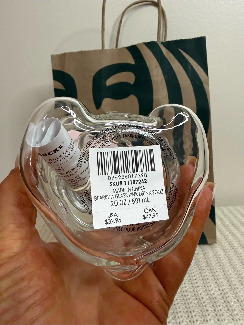 Starbucks NWT Clear Bear glass with Pink Strawberry Straw